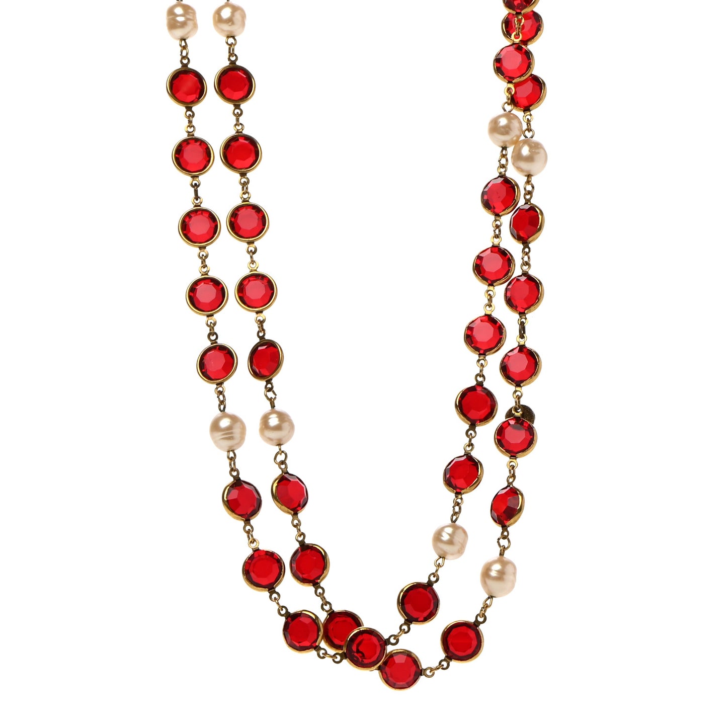 Crystal Pearl Sautoir 1981 Long Necklace Red