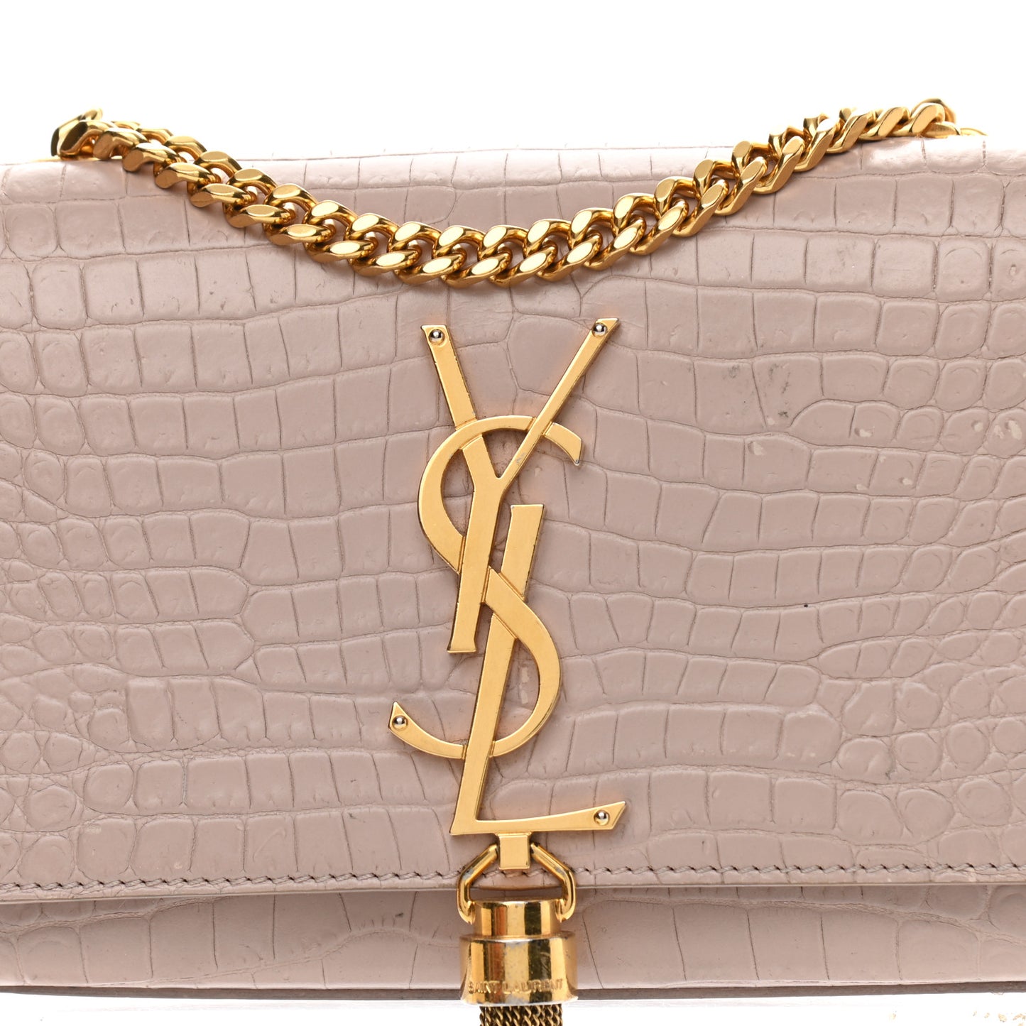 Calfskin Crocodile Embossed Small Classic Monogram Kate Tassel Satchel Light Pink