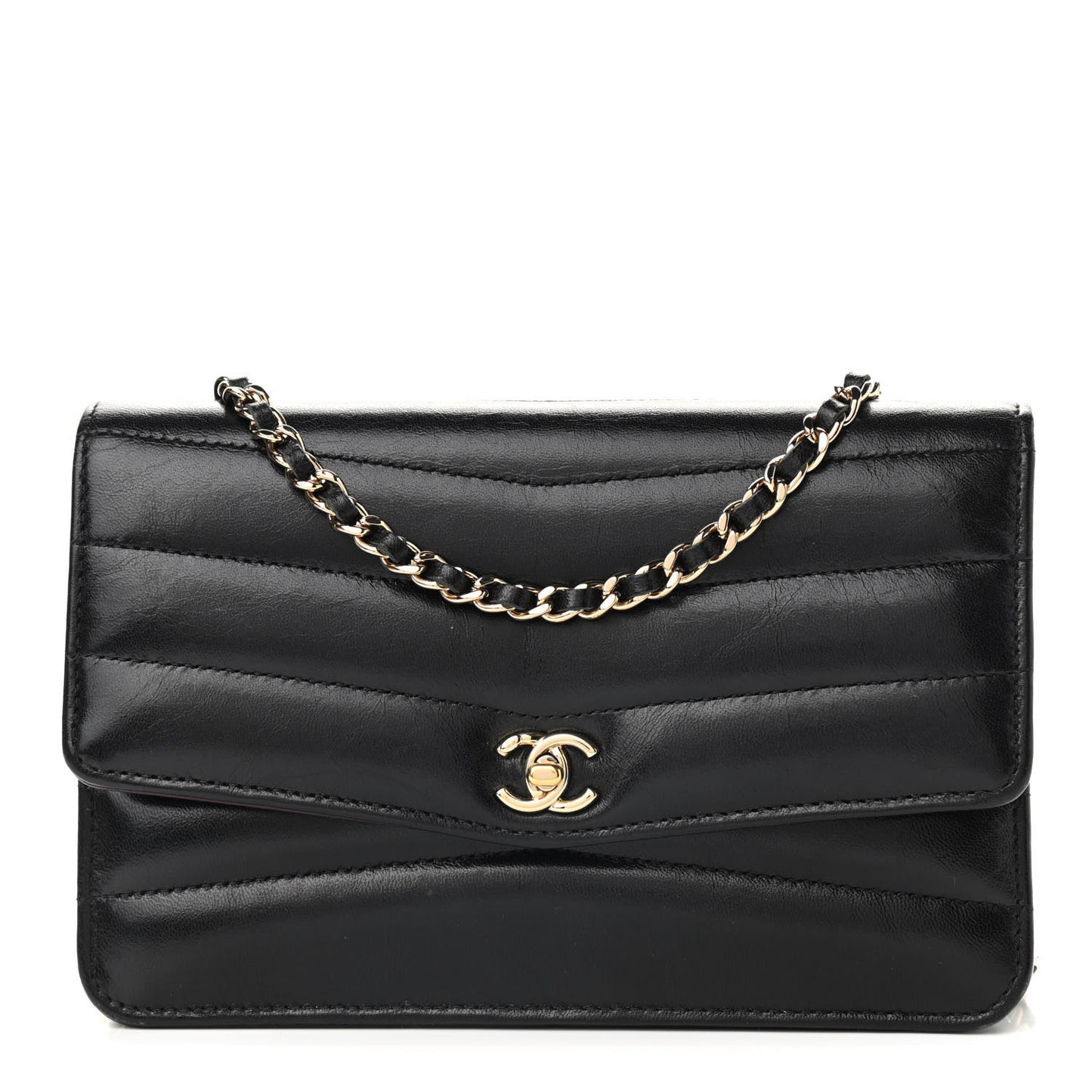 Lambskin Chevron Quilted Wallet On Chain WOC Black