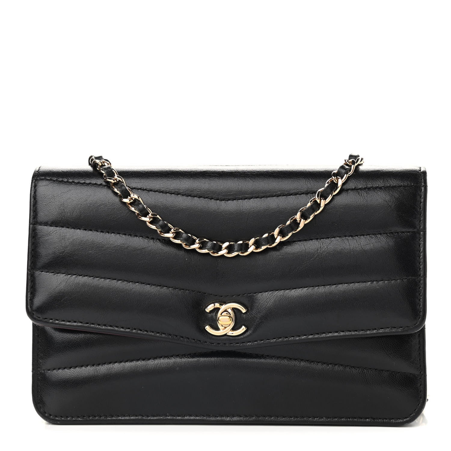 Chanel Lambskin Chevron Quilted Wallet On Chain WOC Black 1 of 11