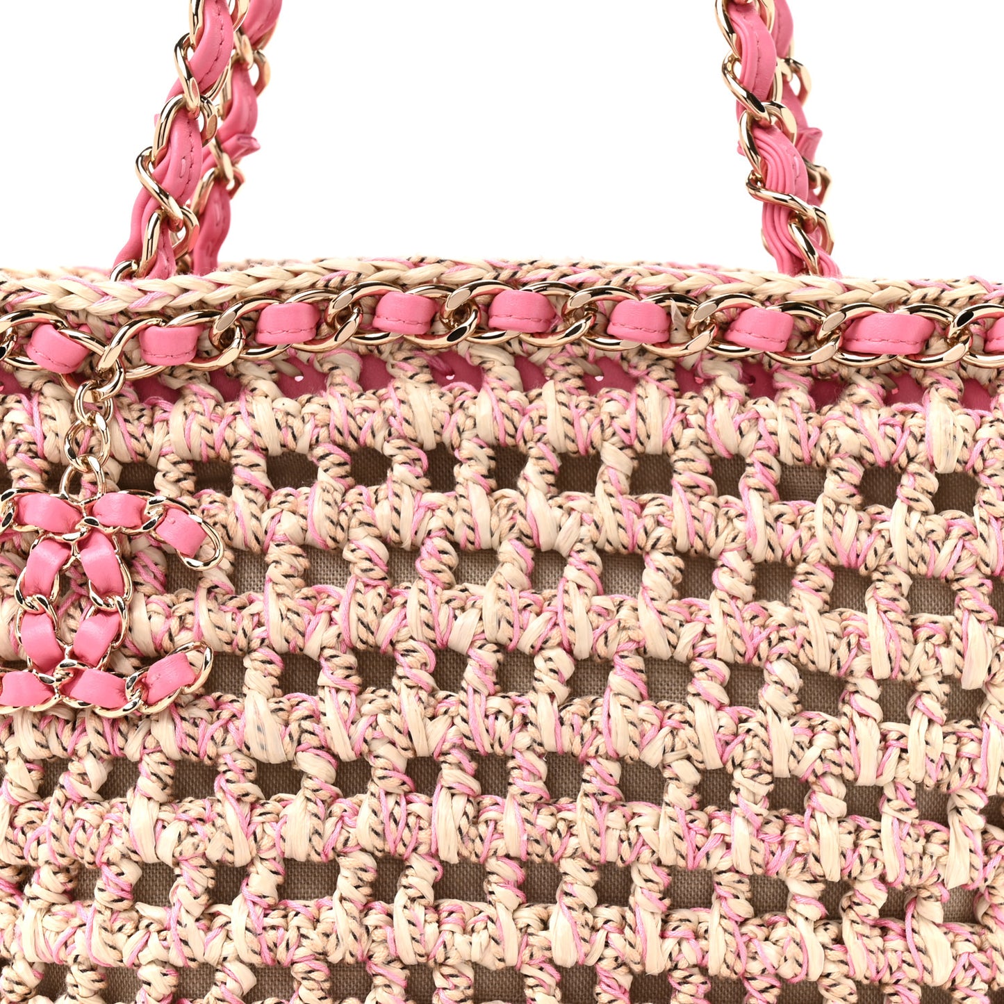 Mixed Fibers Calfskin Crochet Small Shopping Bag Beige Pink