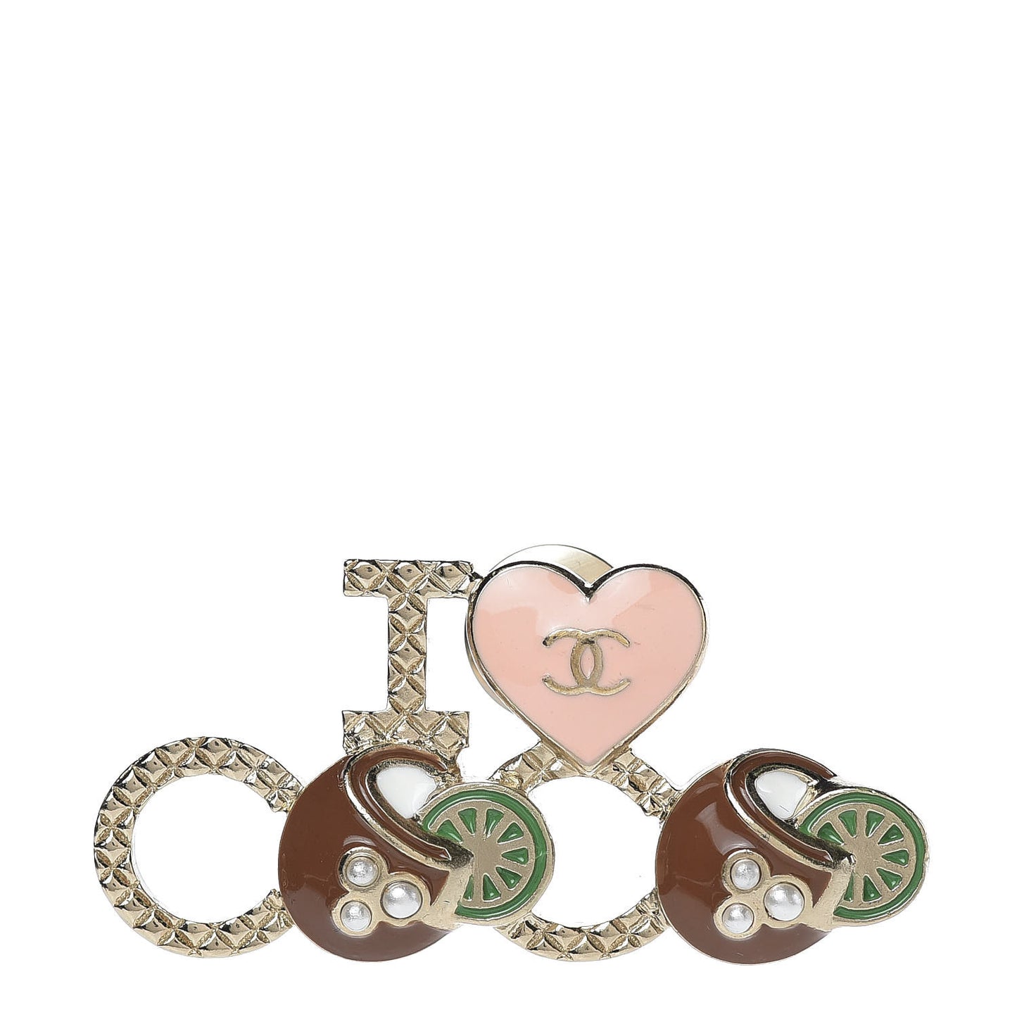 Metal Resin Pearl I Love Coco Brooch Gold Brown Pink