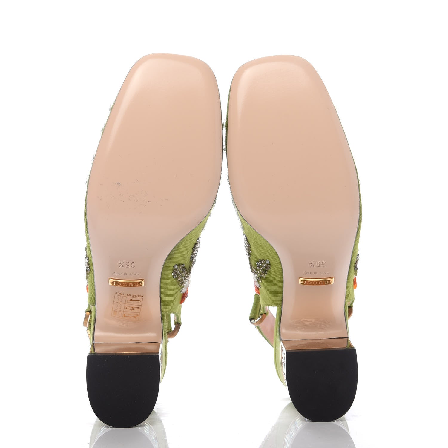 Gucci Moire Fabric Eyes Crystal Square G Madelyn Slingbacks 35.5 Lemon Leaf 5 of 9