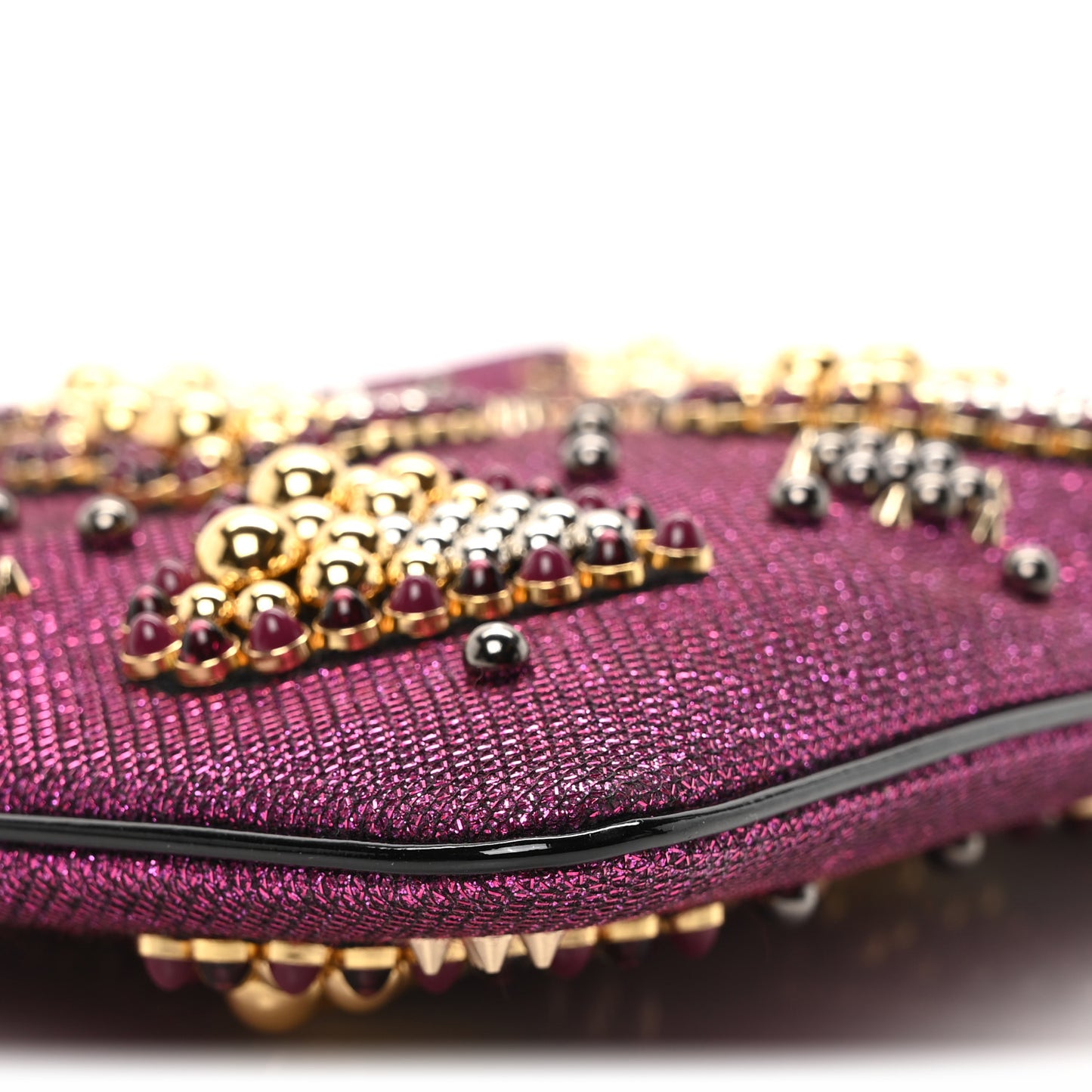 Metallic Raffia Studded Loubiposh Chain Clutch Magenta