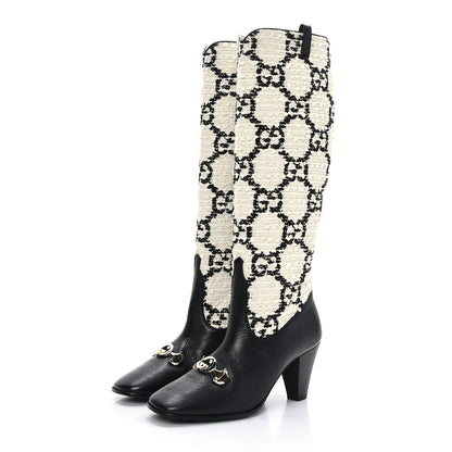 Gucci Tweed GG Monogram Wrinkled Kid Zumi Knee Boots 38 Natural Black 3 of 7
