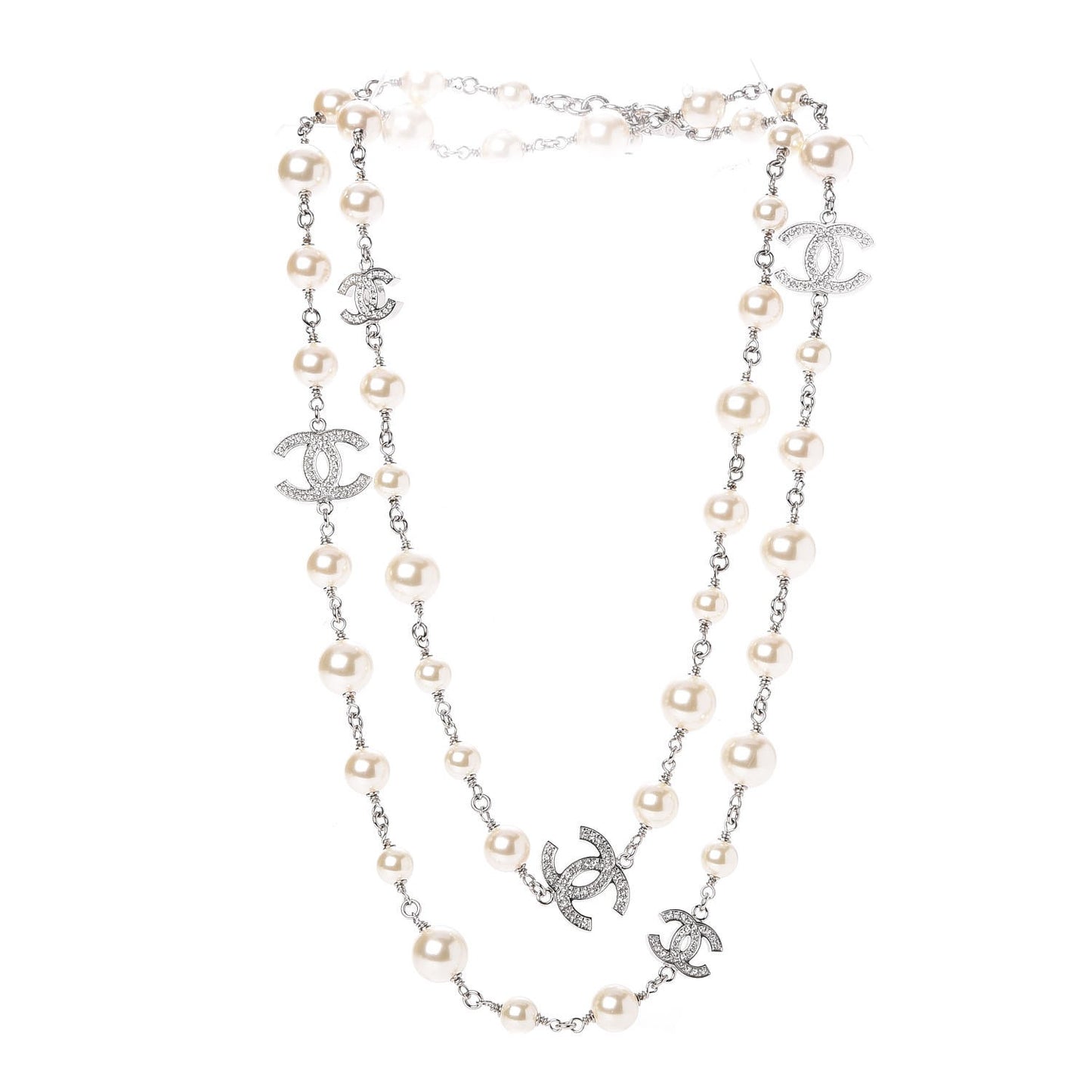 Crystal Pearl CC Long Necklace Silver