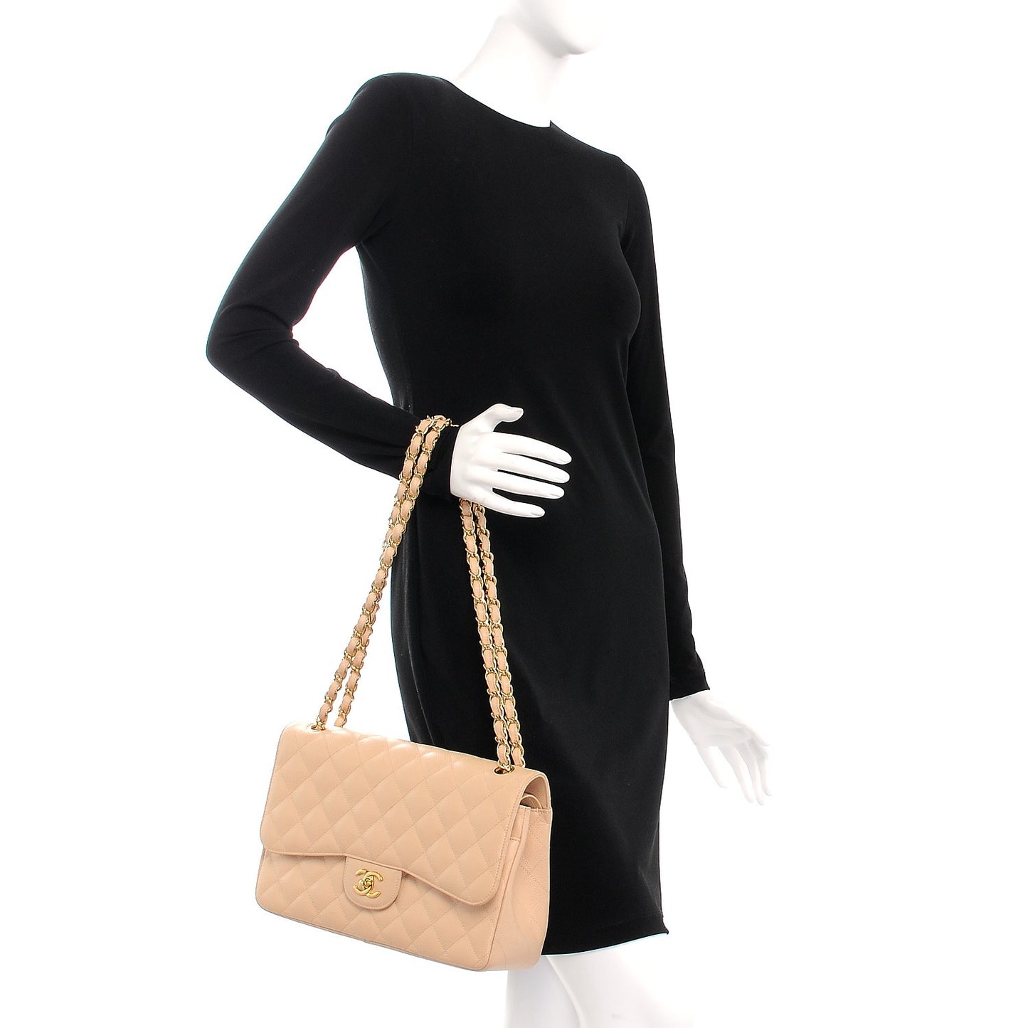 Caviar Quilted Jumbo Double Flap Beige Clair