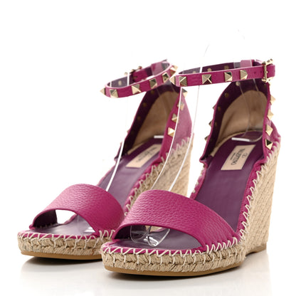 Valentino Garavani Grained Calfskin Rockstud Ankle Strap Espadrille 15/105mm Wedge Sandals 38 Rose Violet Prune 3 of 9