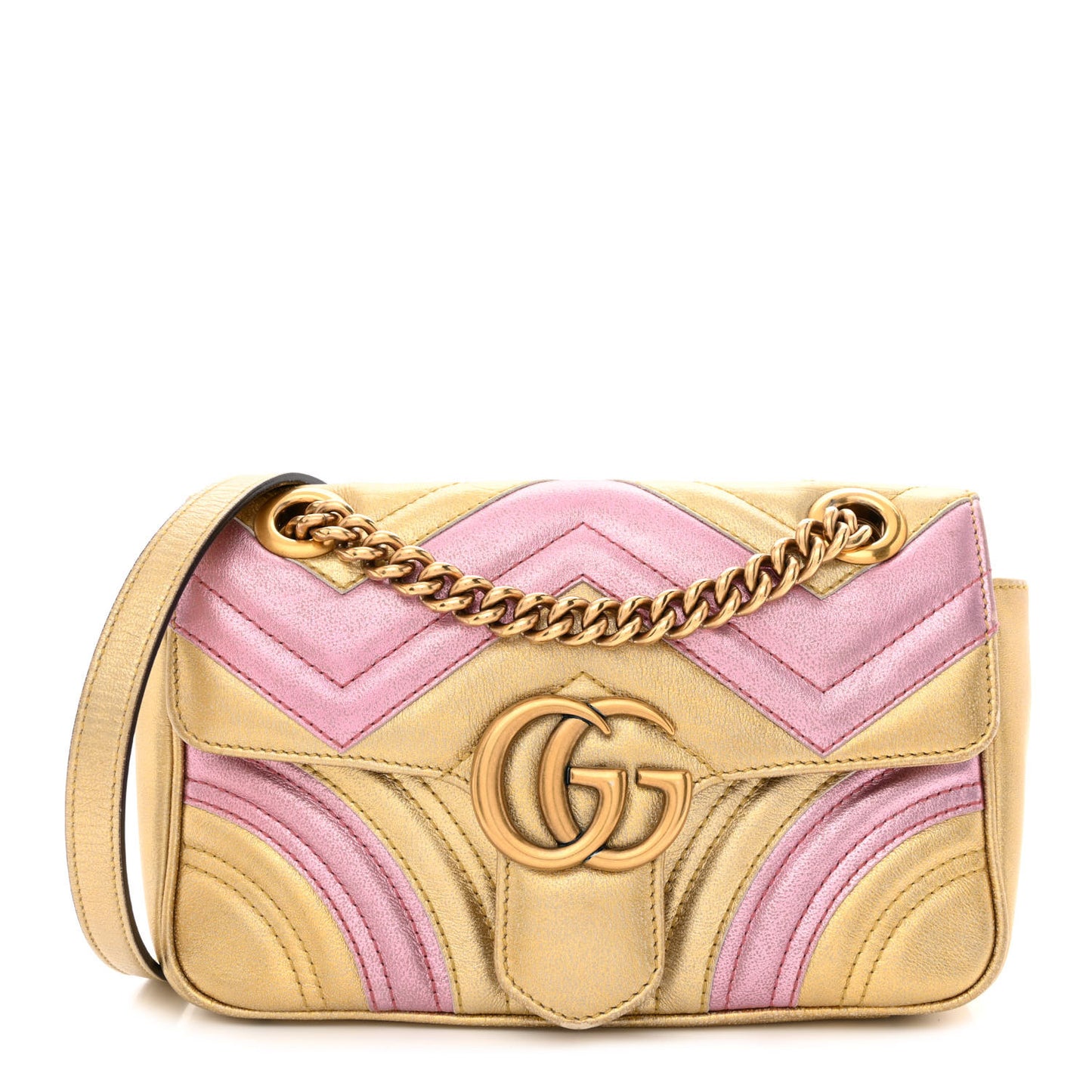 Metallic Calfskin Matelasse Mini GG Marmont Shoulder Bag Gold Pink