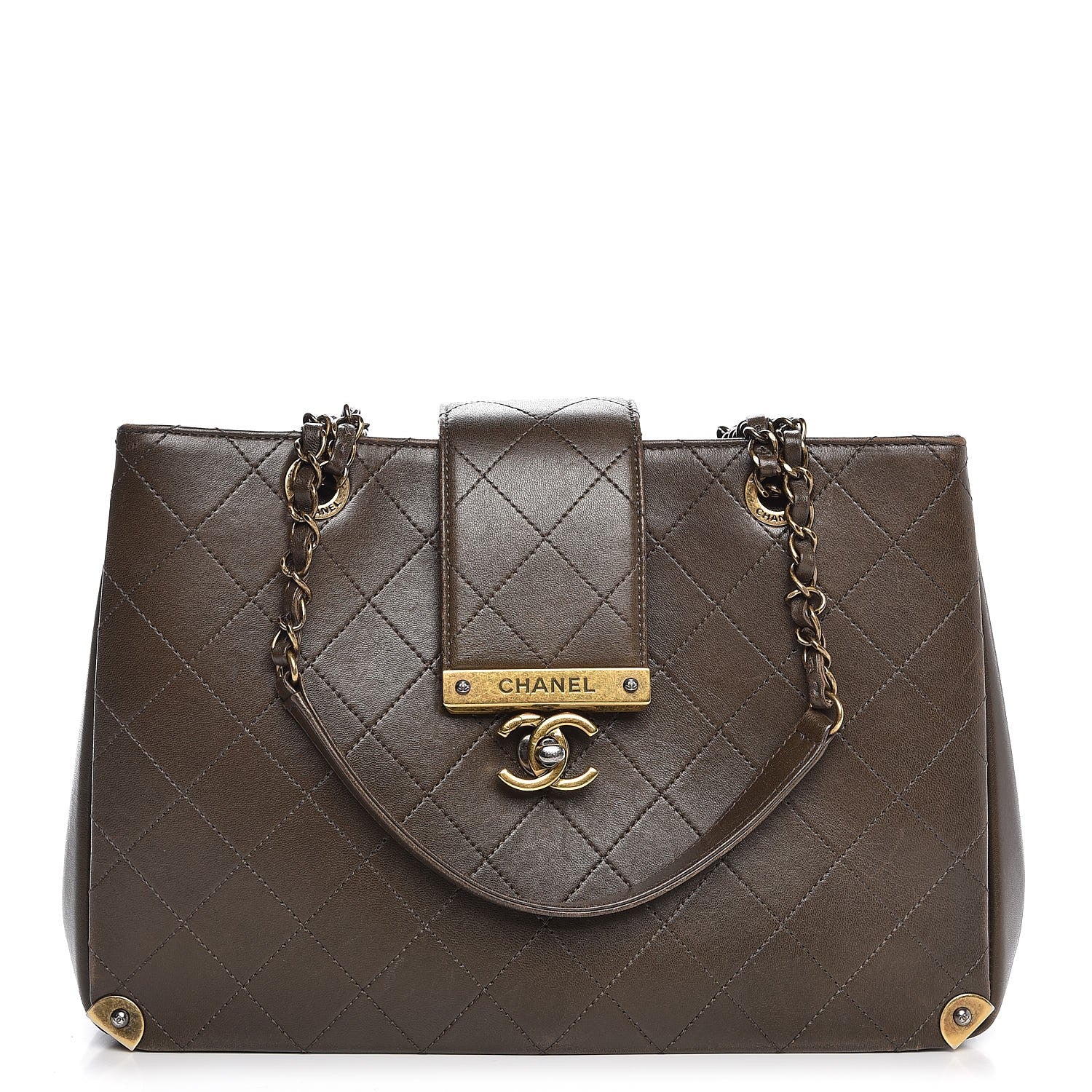 Chanel Lambskin Around The Corner Medium Shopping Tote Khaki 1 of 17