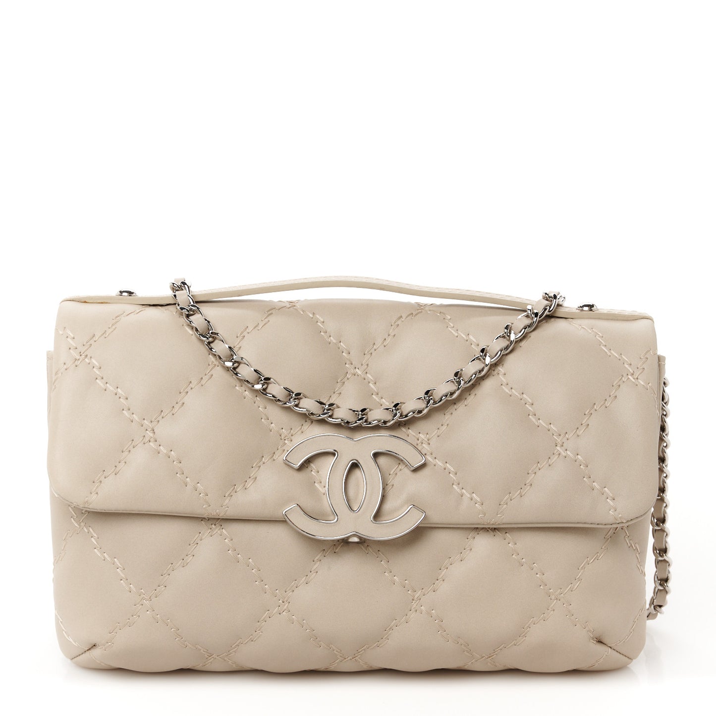 Calfskin Quilted Double Stitch Hamptons Clutch with Chain Beige Clair