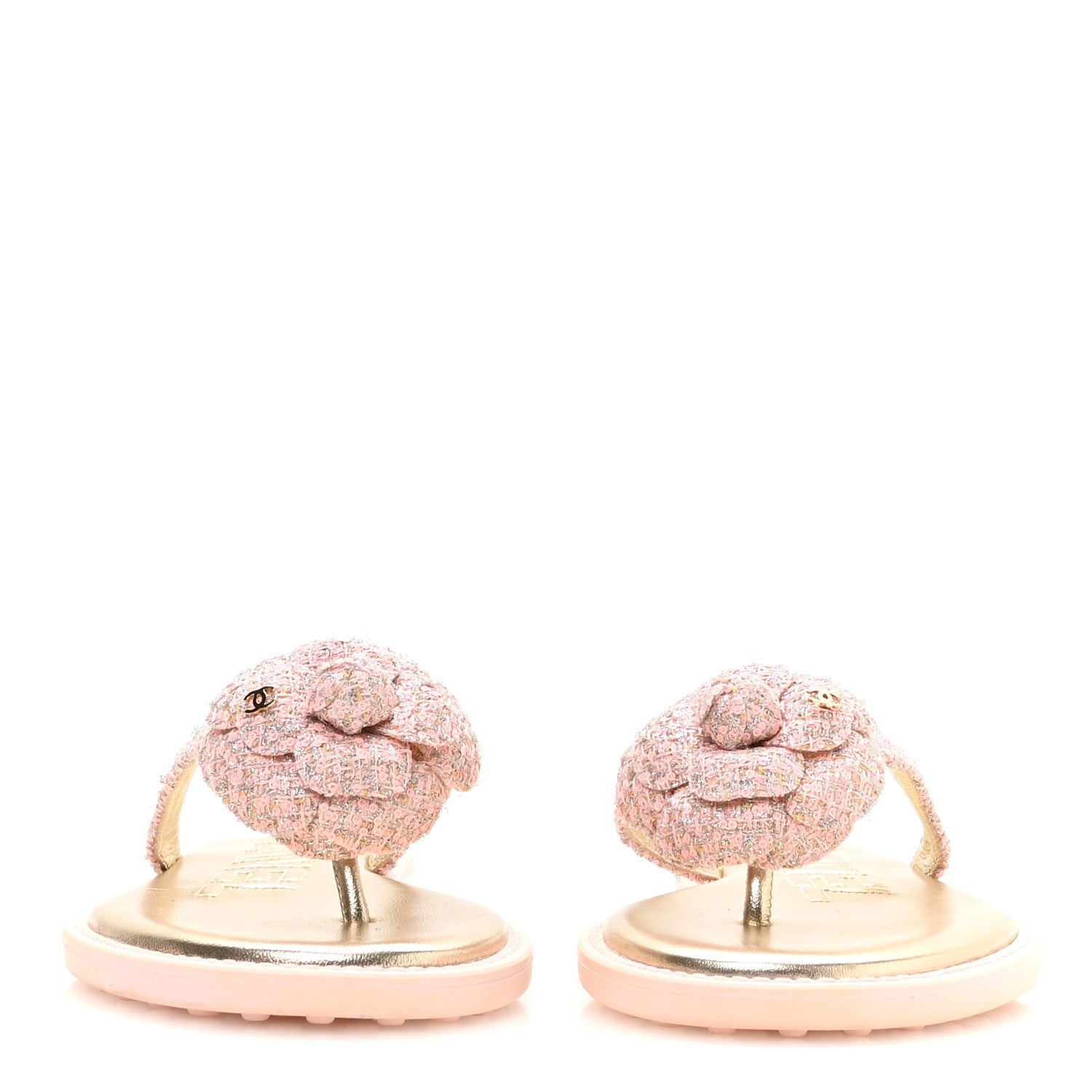 Chanel Tweed Camellia Thong Sandals 38 Salmon Apricot Gold 3 of 9