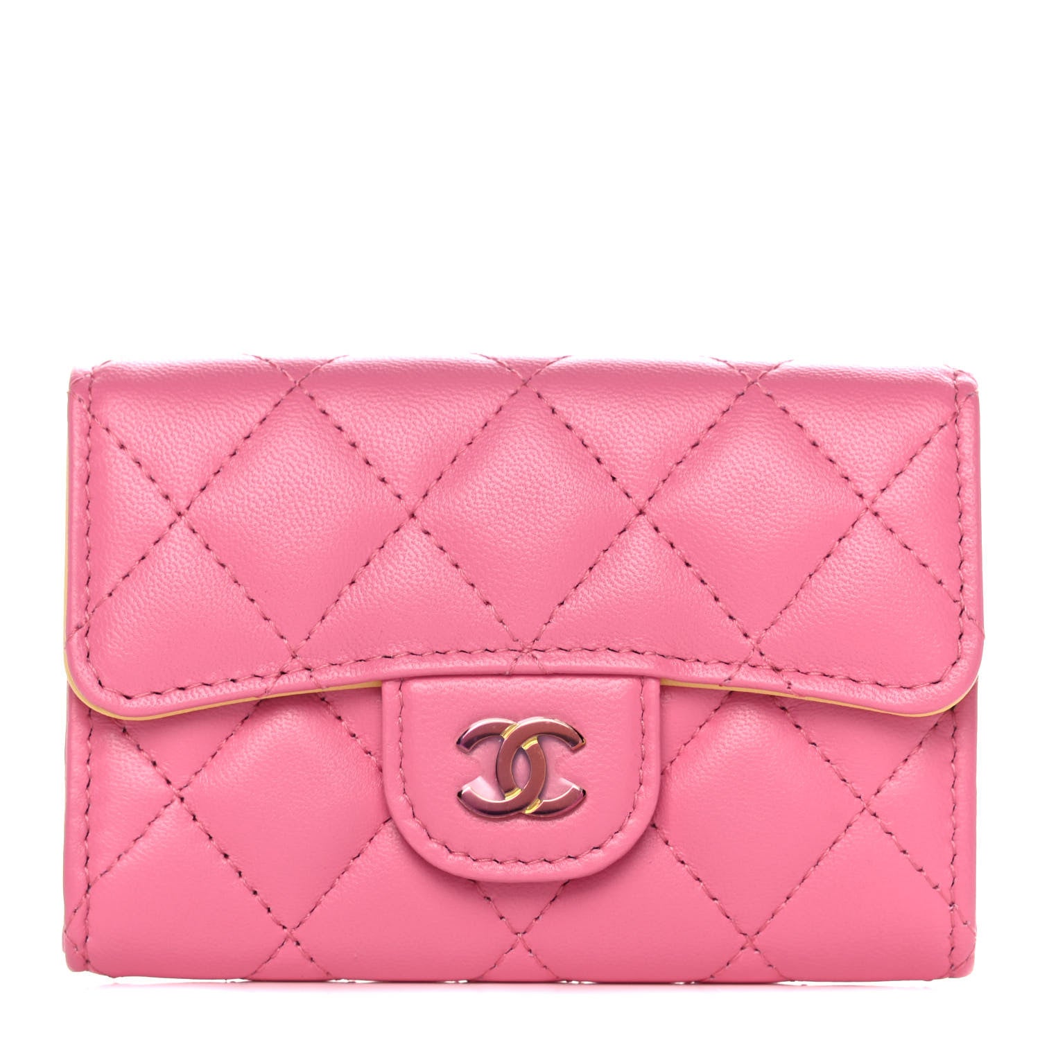 Chanel Lambskin Quilted Flap Card Holder Wallet Pink Yellow 1 of 11