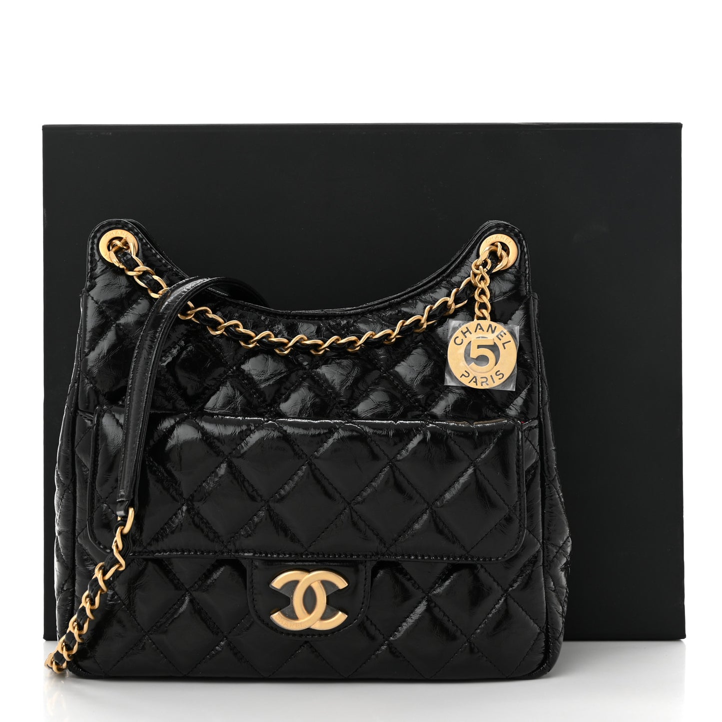 Shiny Crumpled Calfskin Quilted Wavy CC Hobo Black