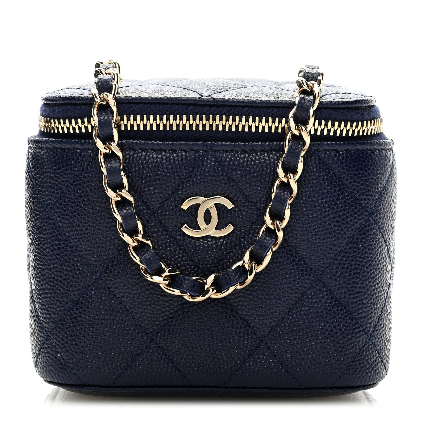 Caviar Quilted Mini Vanity Case With Chain Navy Blue