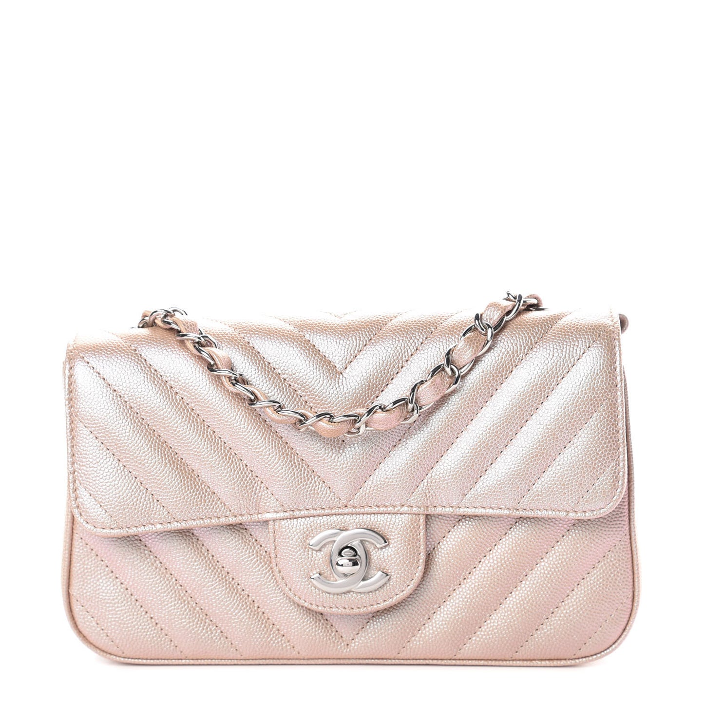 Iridescent Caviar Chevron Quilted Mini Rectangular Flap Light Gold