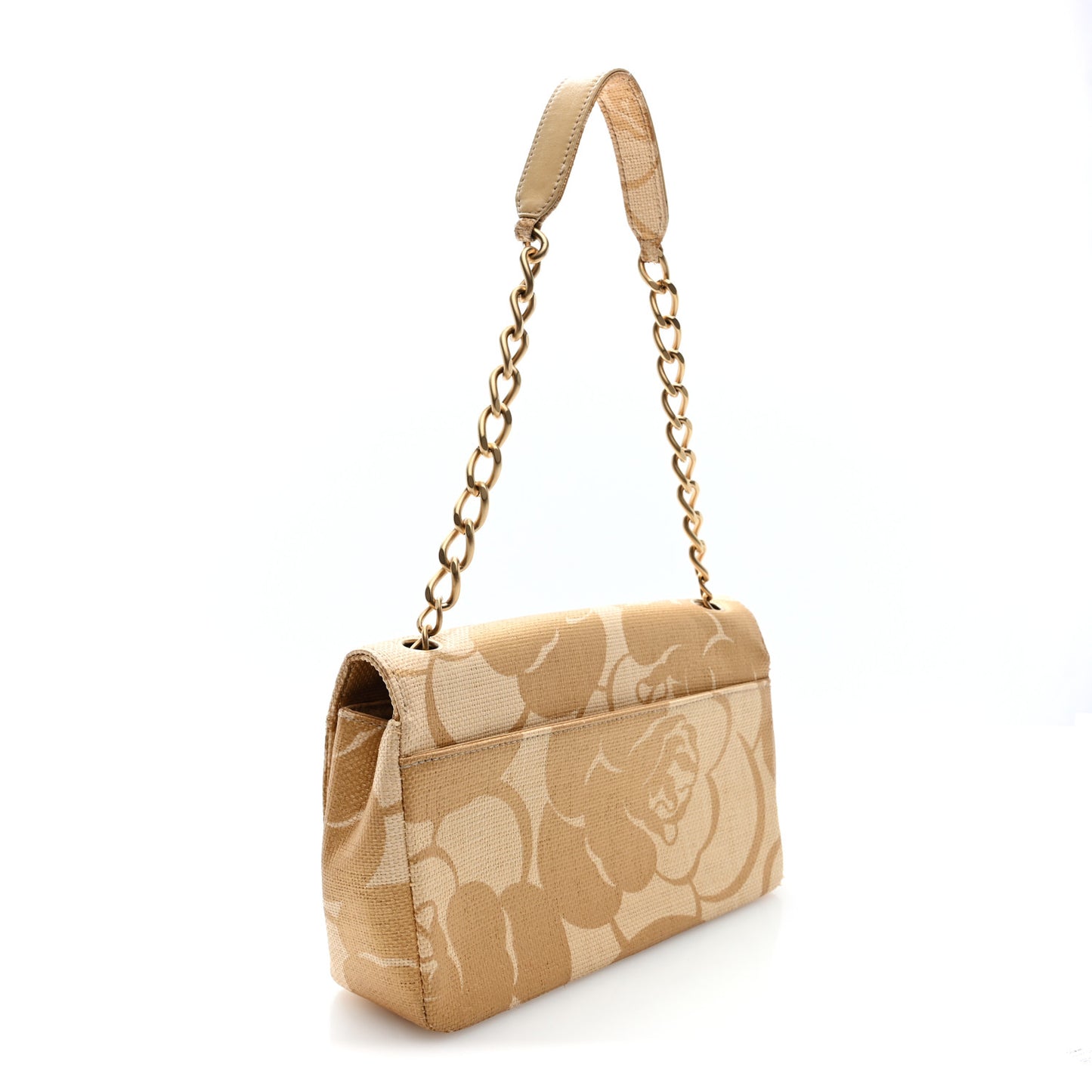 Woven Straw Camellia Print Medium Single Flap Gold