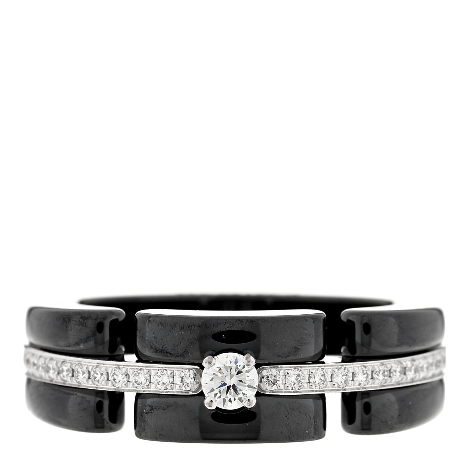 Chanel 18K White Gold Diamond Ceramic Ultra Solitaire Ring 53 6.25 Black 1 of 5