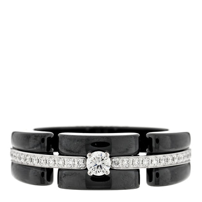 Chanel 18K White Gold Diamond Ceramic Ultra Solitaire Ring 53 6.25 Black 1 of 5