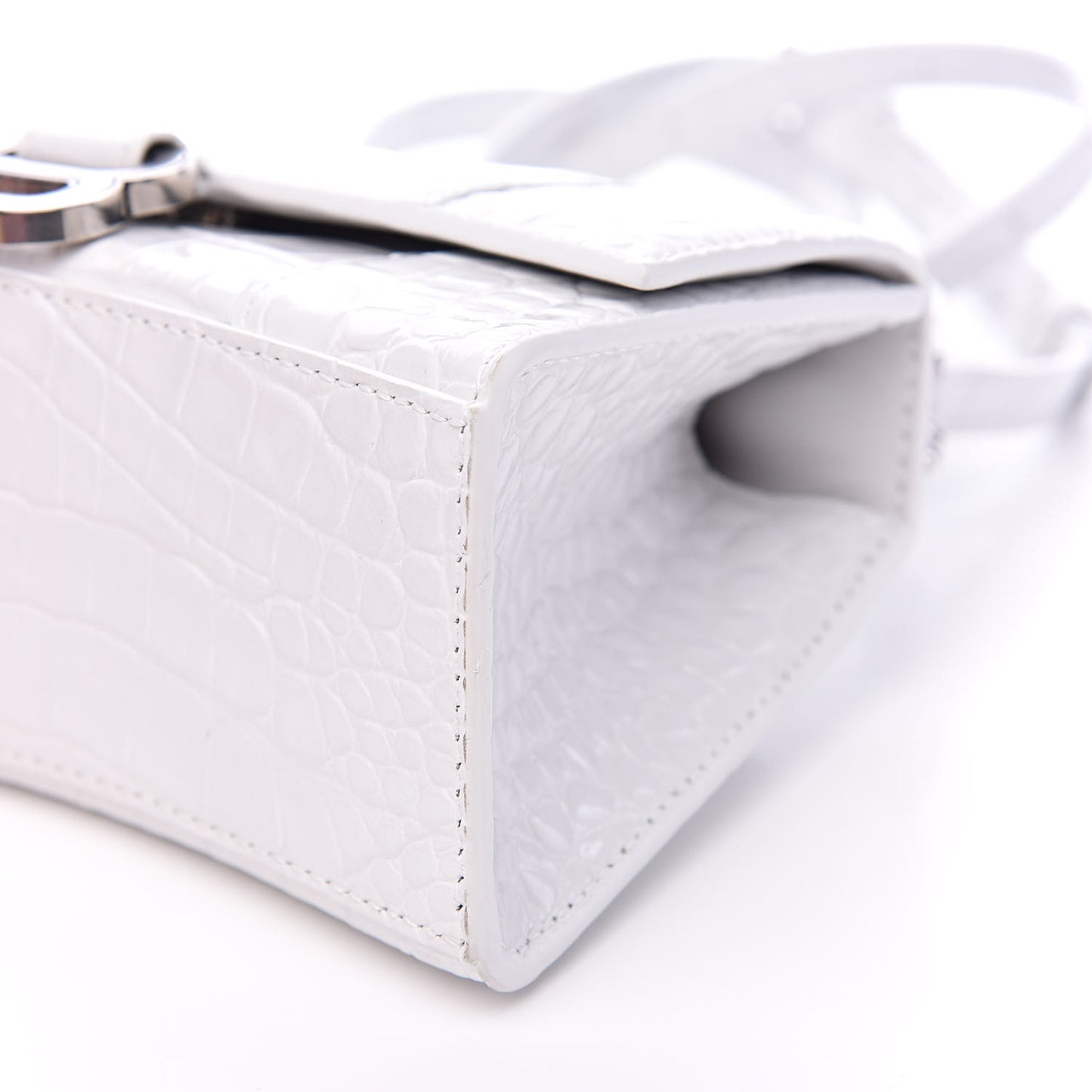 Shiny Calfskin Crocodile Embossed Hourglass Top Handle Bag XS White