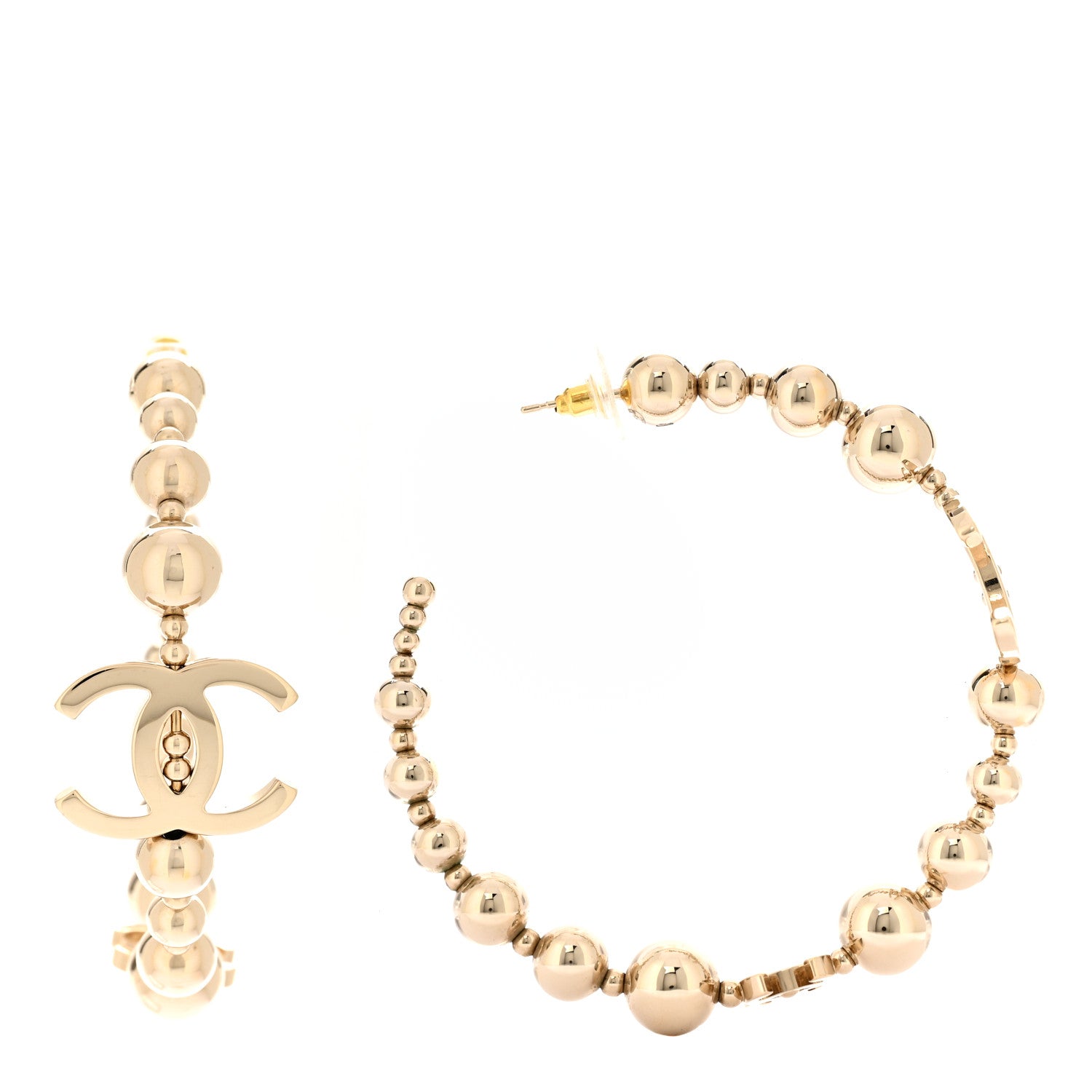 Chanel Metal Bead CC Hoop Earrings Gold 1 of 5
