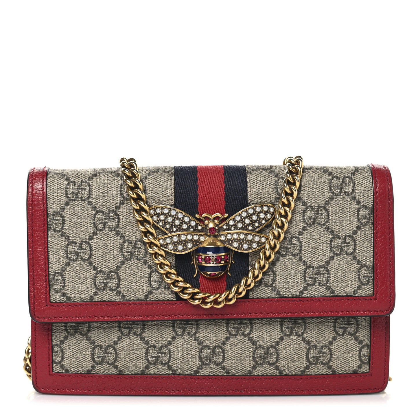 GG Supreme Monogram Web Queen Margaret Chain Wallet Red