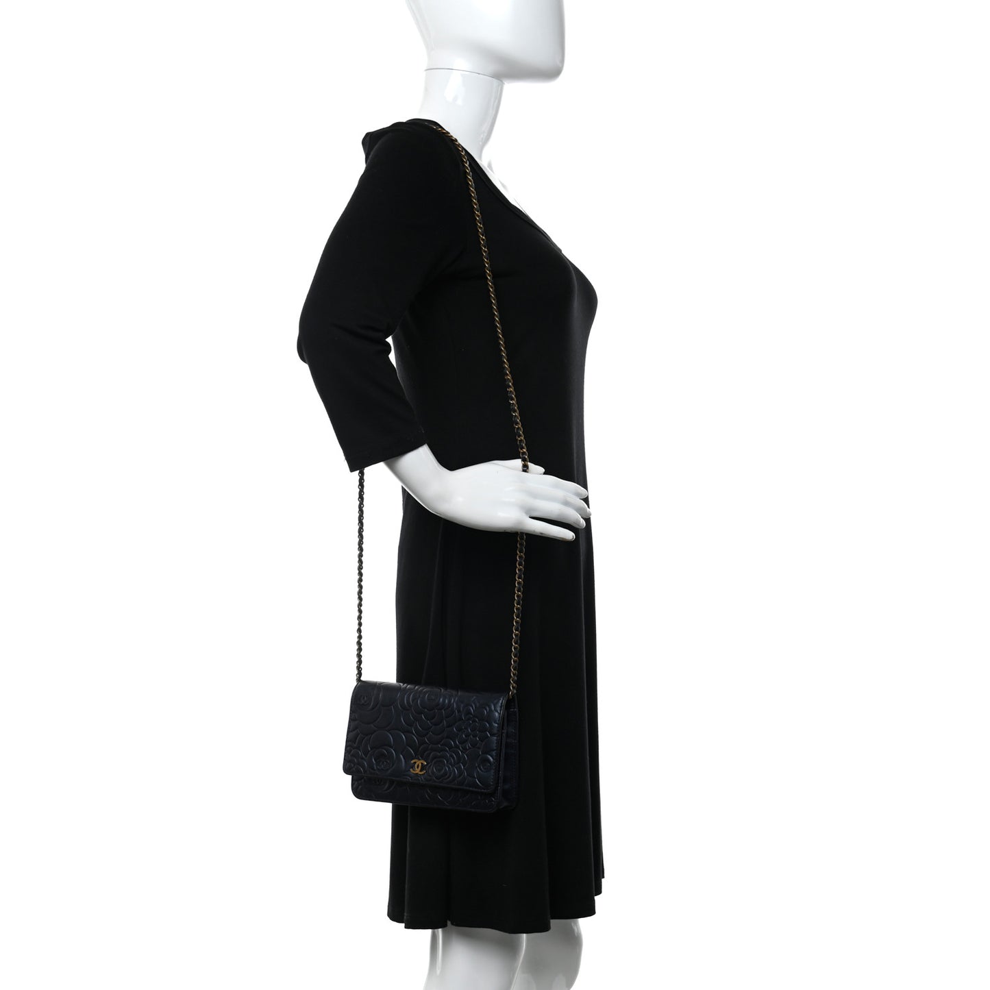 Goatskin Camellia Embossed Wallet On Chain WOC Navy