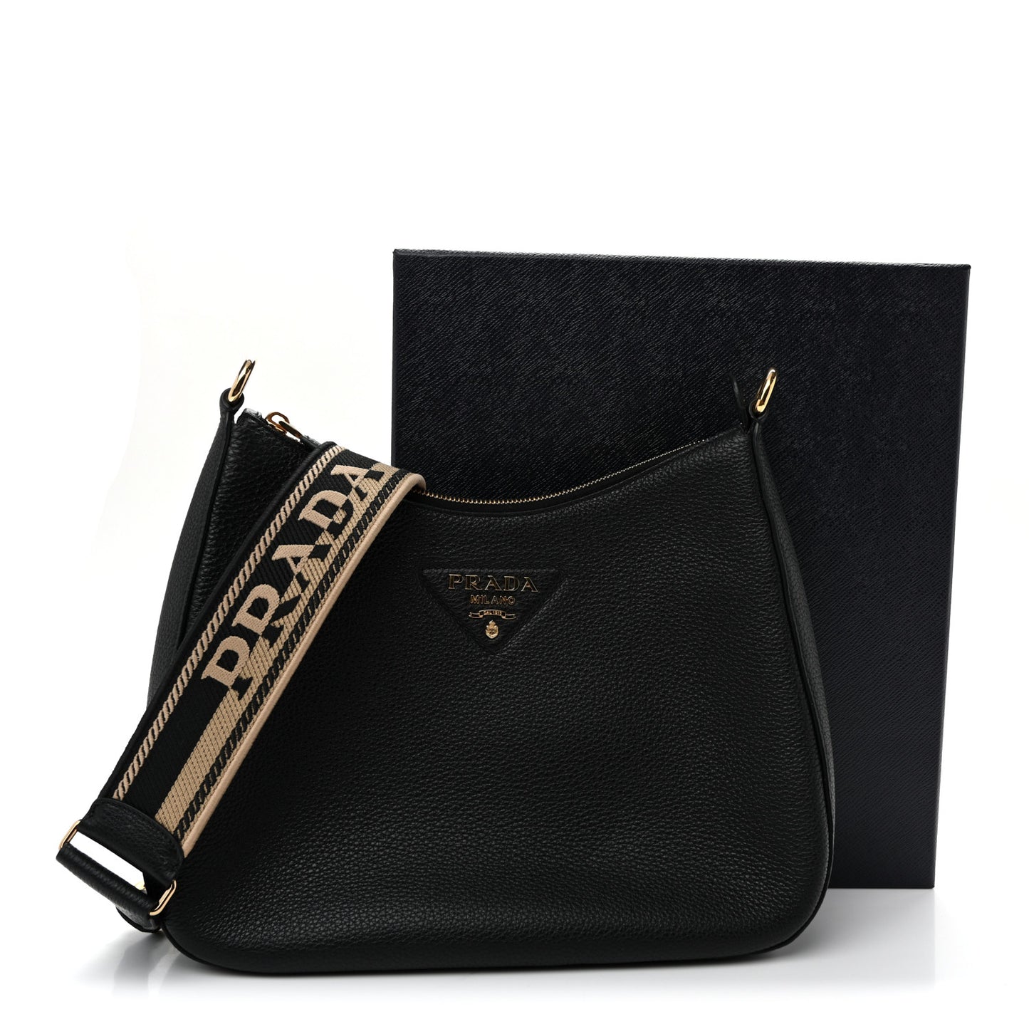 Vitello Daino Soft Large Zippered Messenger Hobo Black