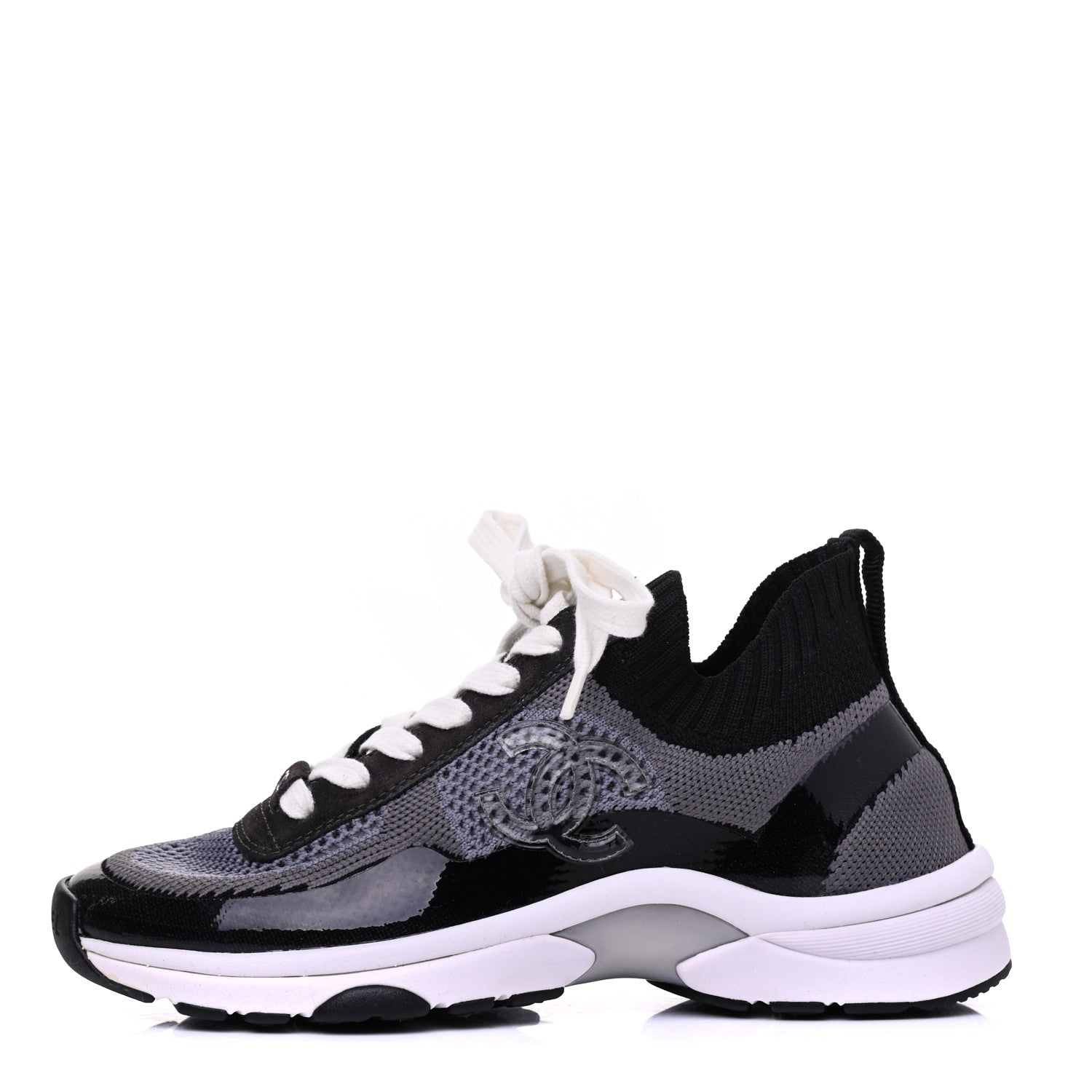 Chanel Fabric Calfskin Suede CC Womens Sneakers 35 Black Grey 1 of 9