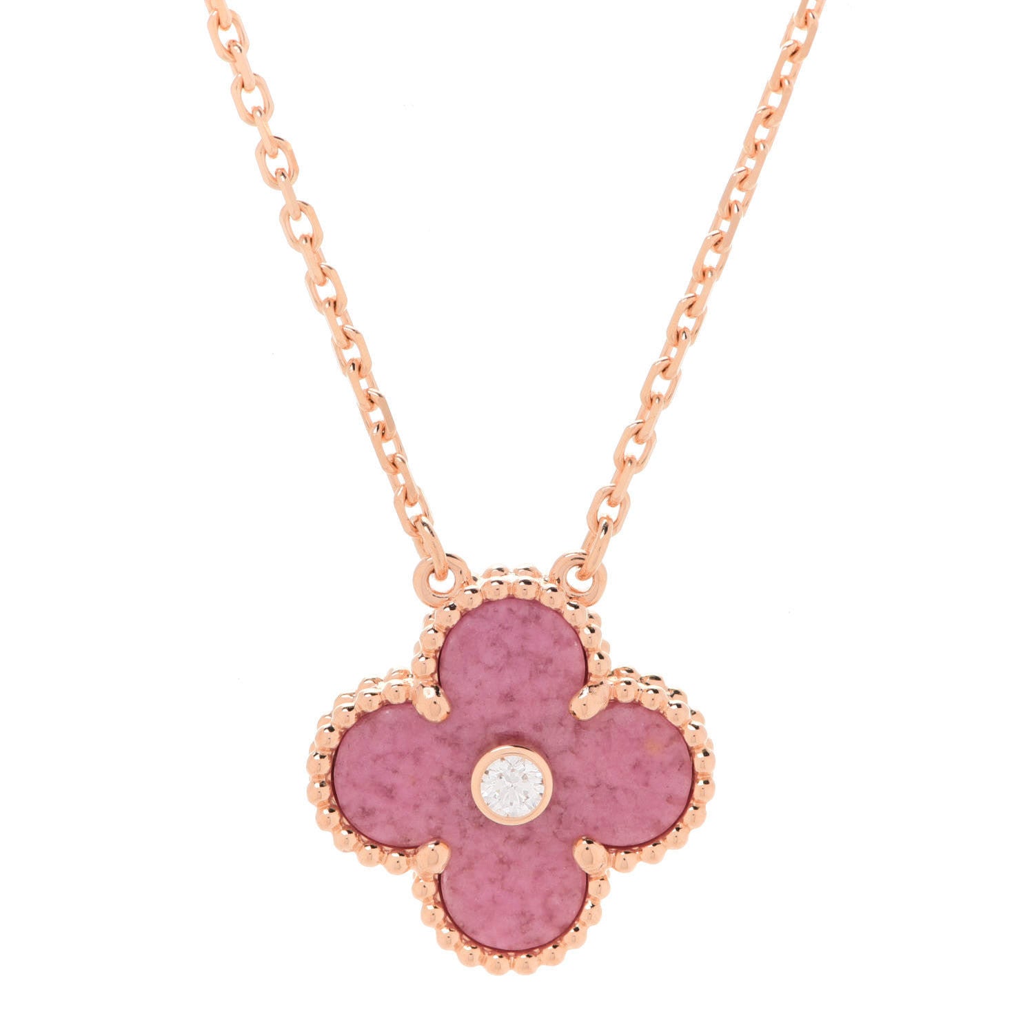 Van Cleef & Arpels 18K Rose Gold Diamond Rhodonite Vintage Alhambra Pendant Necklace 4 of 8