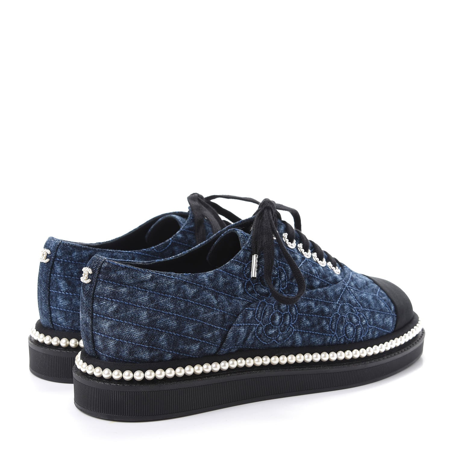 Chanel Denim Grosgrain Camellia Pearl Lace Up Sneakers 38.5 Blue Black 4 of 11