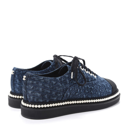 Chanel Denim Grosgrain Camellia Pearl Lace Up Sneakers 38.5 Blue Black 4 of 11