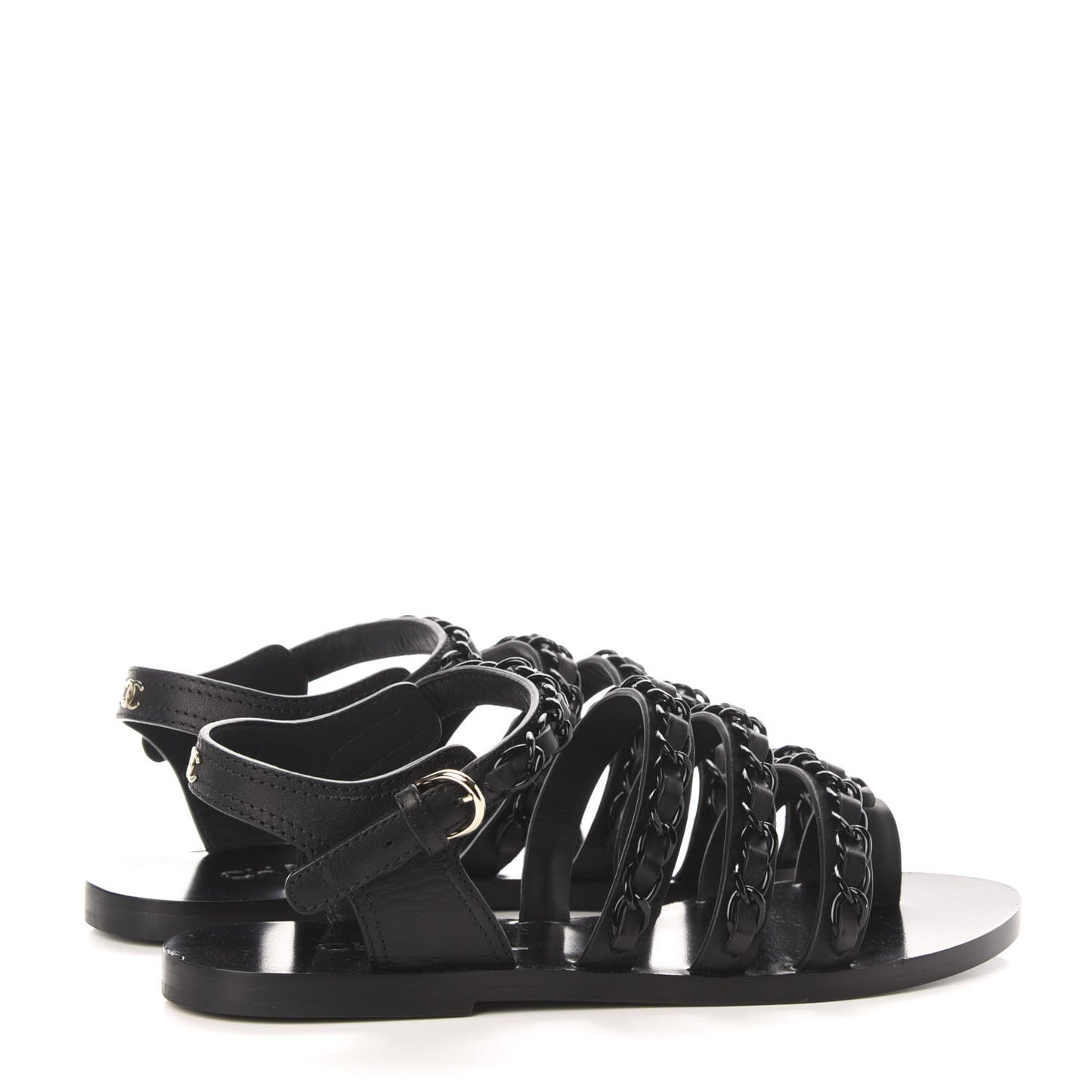 Calfskin Chain Flat Sandals 38 Black