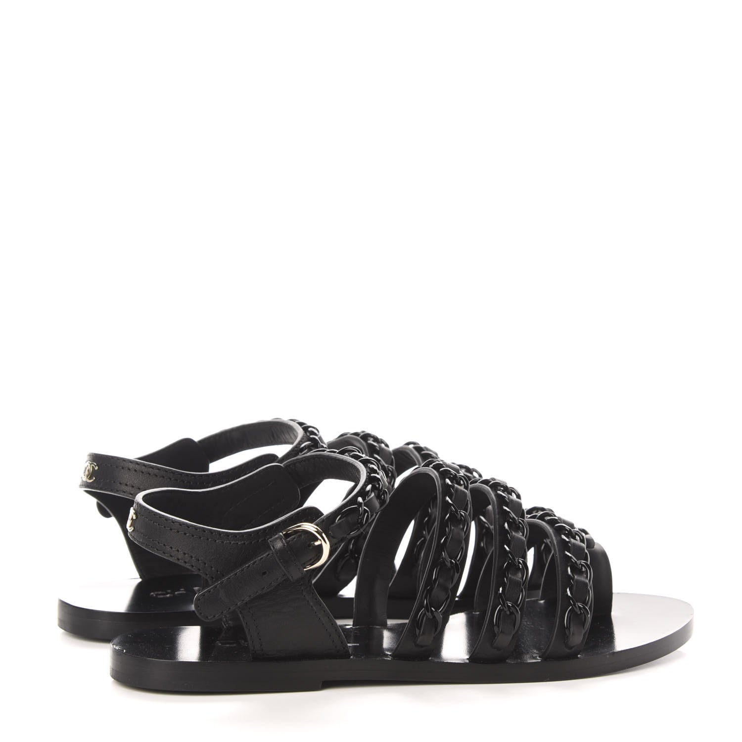 Chanel Calfskin Chain Flat Sandals 38 Black 5 of 9