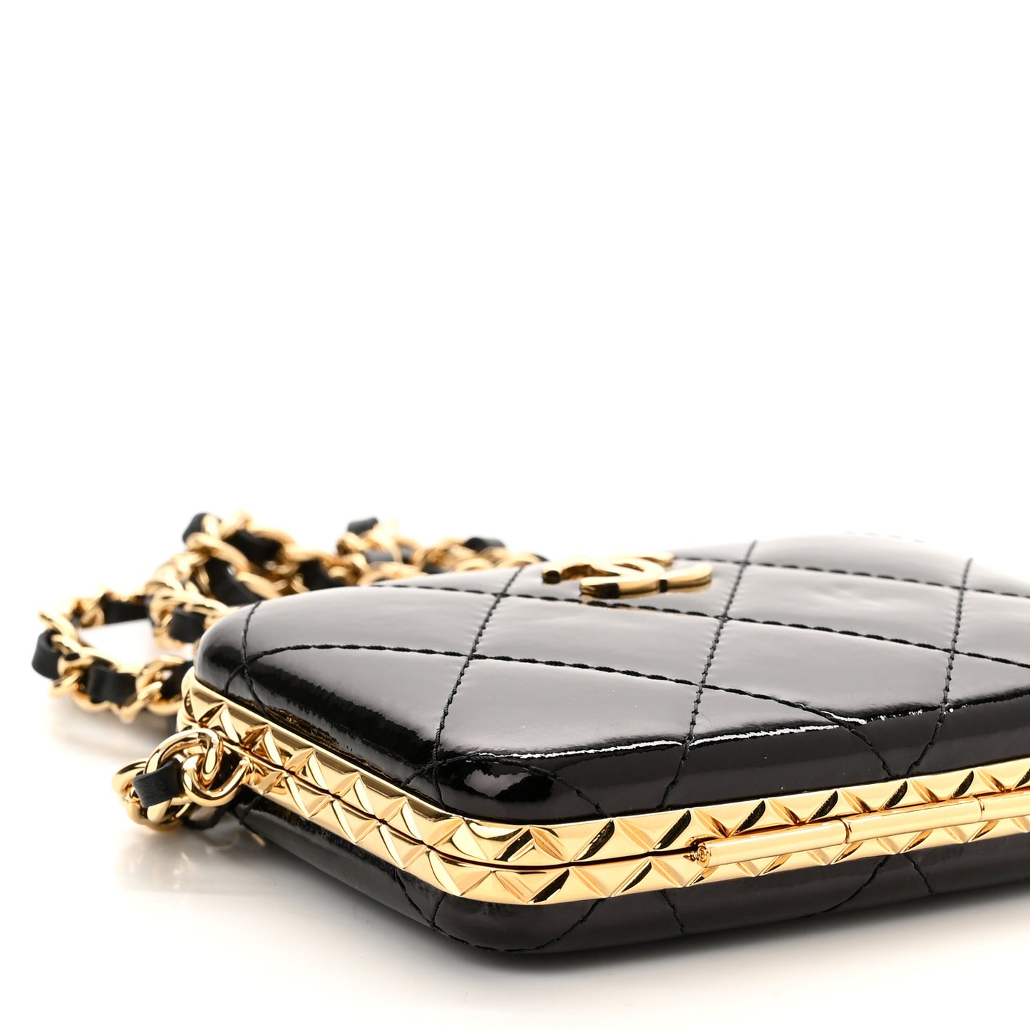 Glazed Goatskin Quilted Small Box With Chain Black