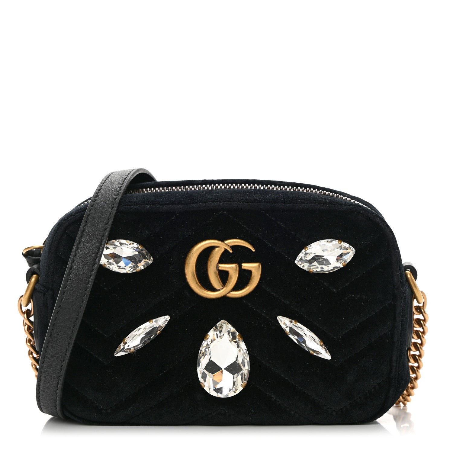 Gucci Velvet Matelasse Marquise Crystals Mini GG Marmont Chain Shoulder Bag Black 1 of 11