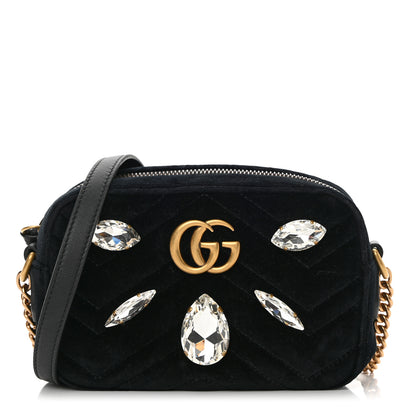 Gucci Velvet Matelasse Marquise Crystals Mini GG Marmont Chain Shoulder Bag Black 1 of 11