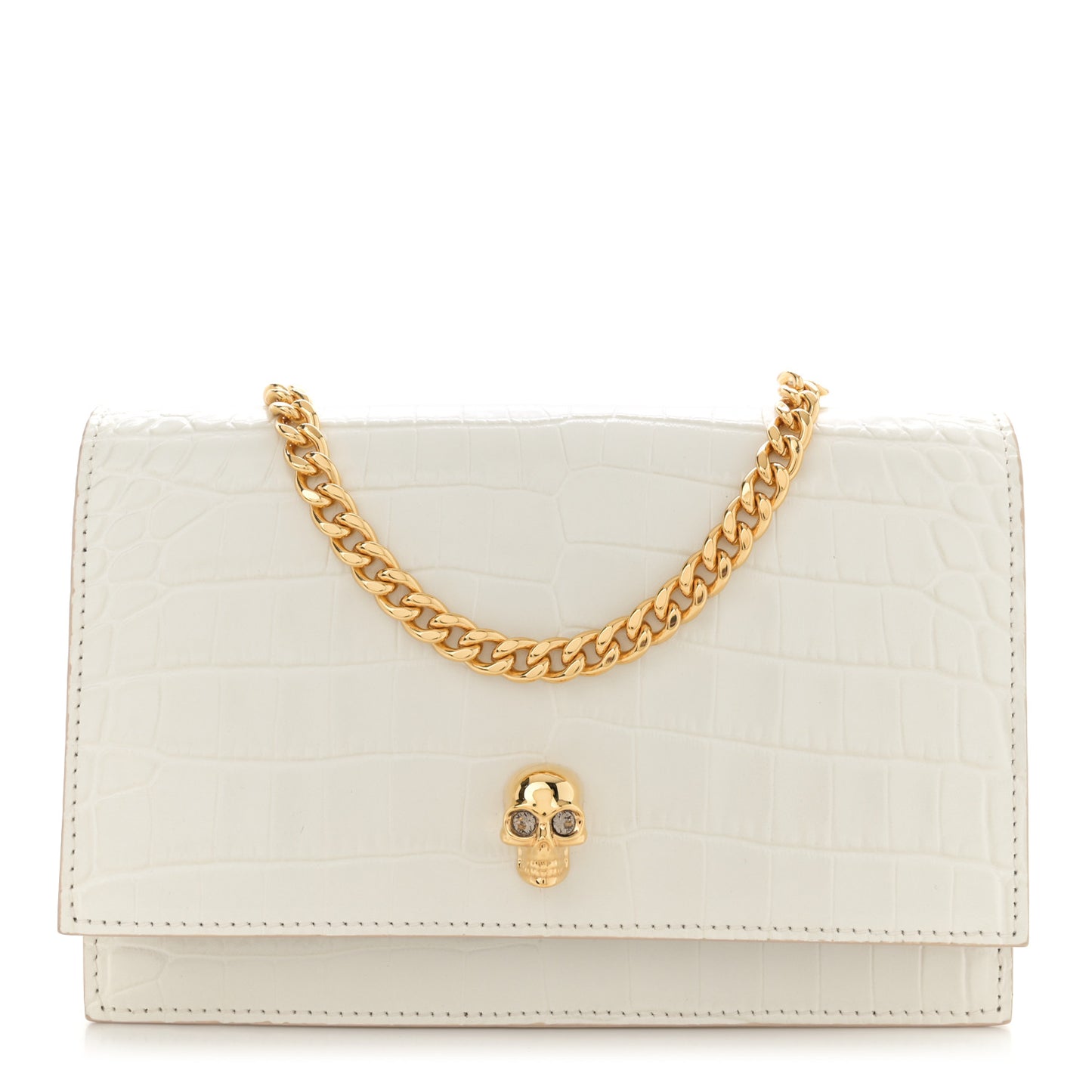 Calfskin Crocodile Embossed Skull Mini Crossbody Bag White
