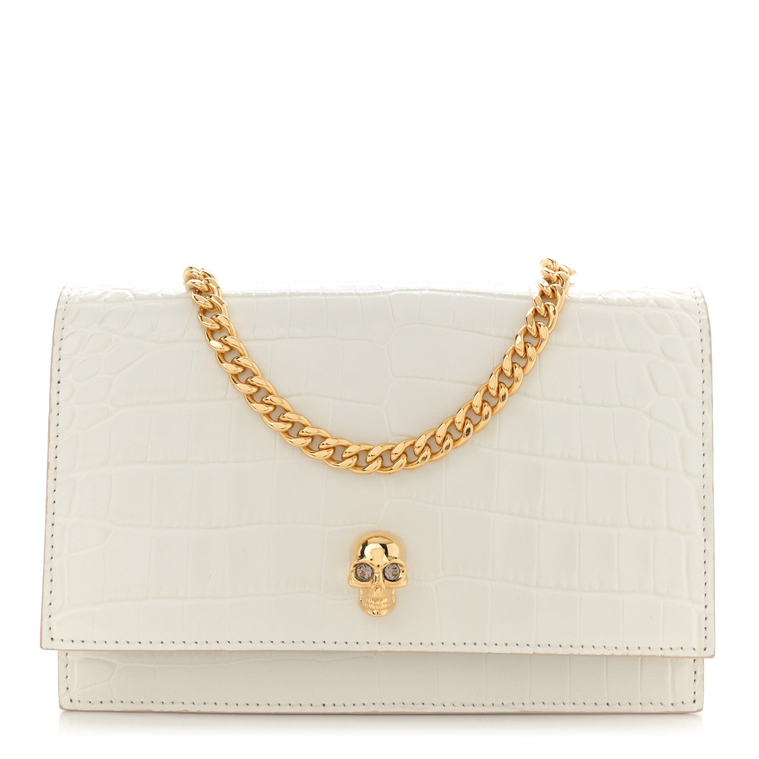 Alexander McQueen Calfskin Crocodile Embossed Skull Mini Crossbody Bag White 1 of 12
