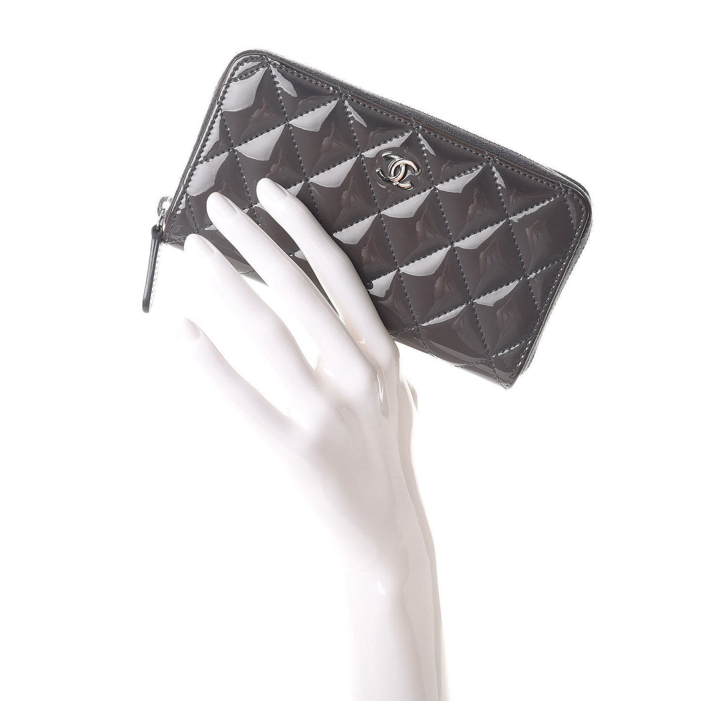 Patent Quilted Small Zip Around Wallet Grey