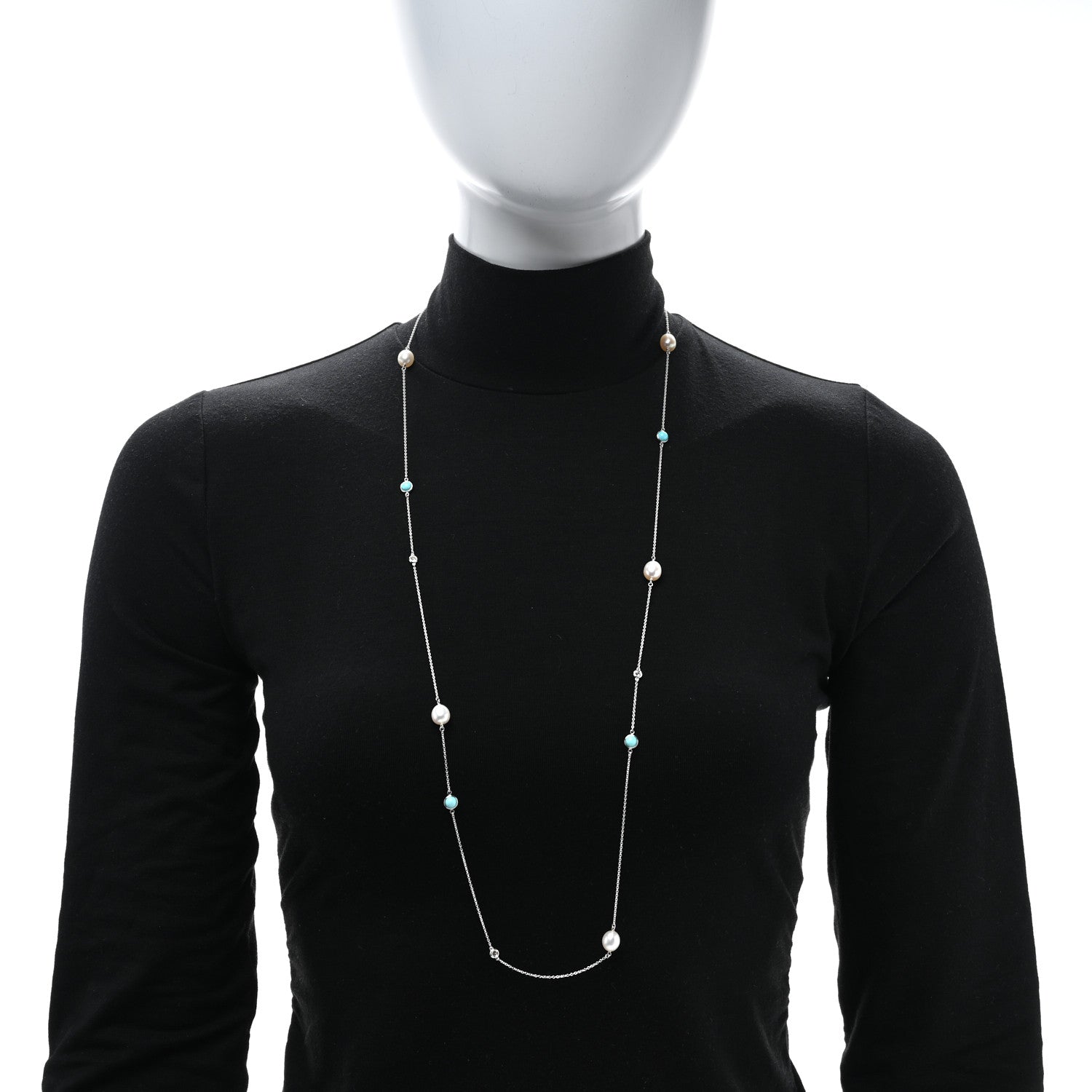 Tiffany Sterling Silver Diamond Pearl Turquoise Elsa Peretti Color By The Yard Sprinkle Necklace 3 of 5