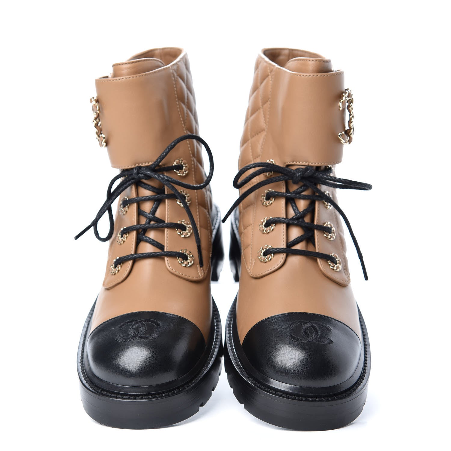 Chanel Lambskin Calfskin Quilted Lace Up Combat Boots 39.5 Light Brown Black 5 of 11