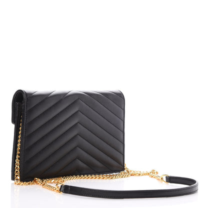 Saint Laurent Nappa Matelasse Chevron Monogram Envelope Chain Wallet Black 3 of 9