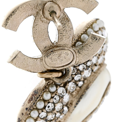 Chanel Pearl Crystal CC Heart Drop Earrings Gold White 4 of 5