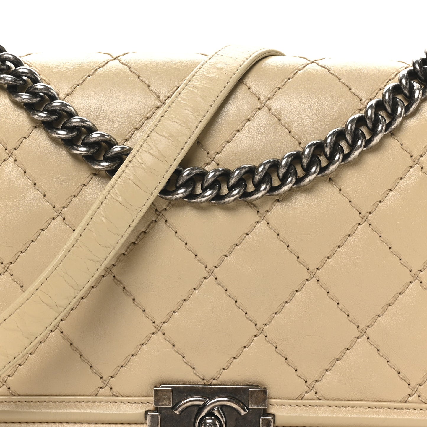 Calfskin Quilted Double Stitch New Medium Boy Flap Beige