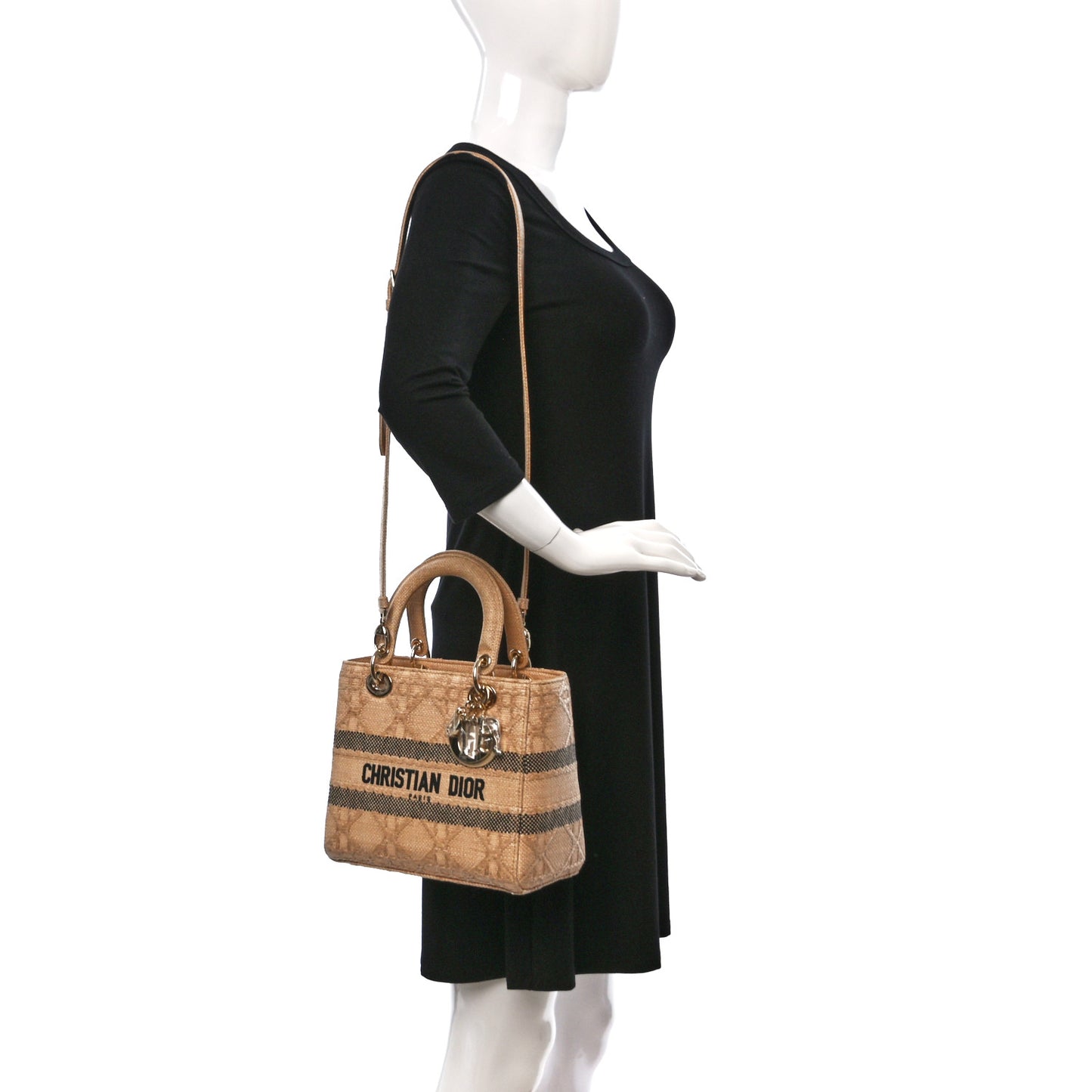 Raffia Woven Cannage Embroidered Medium Lady D-Lite Natural Black