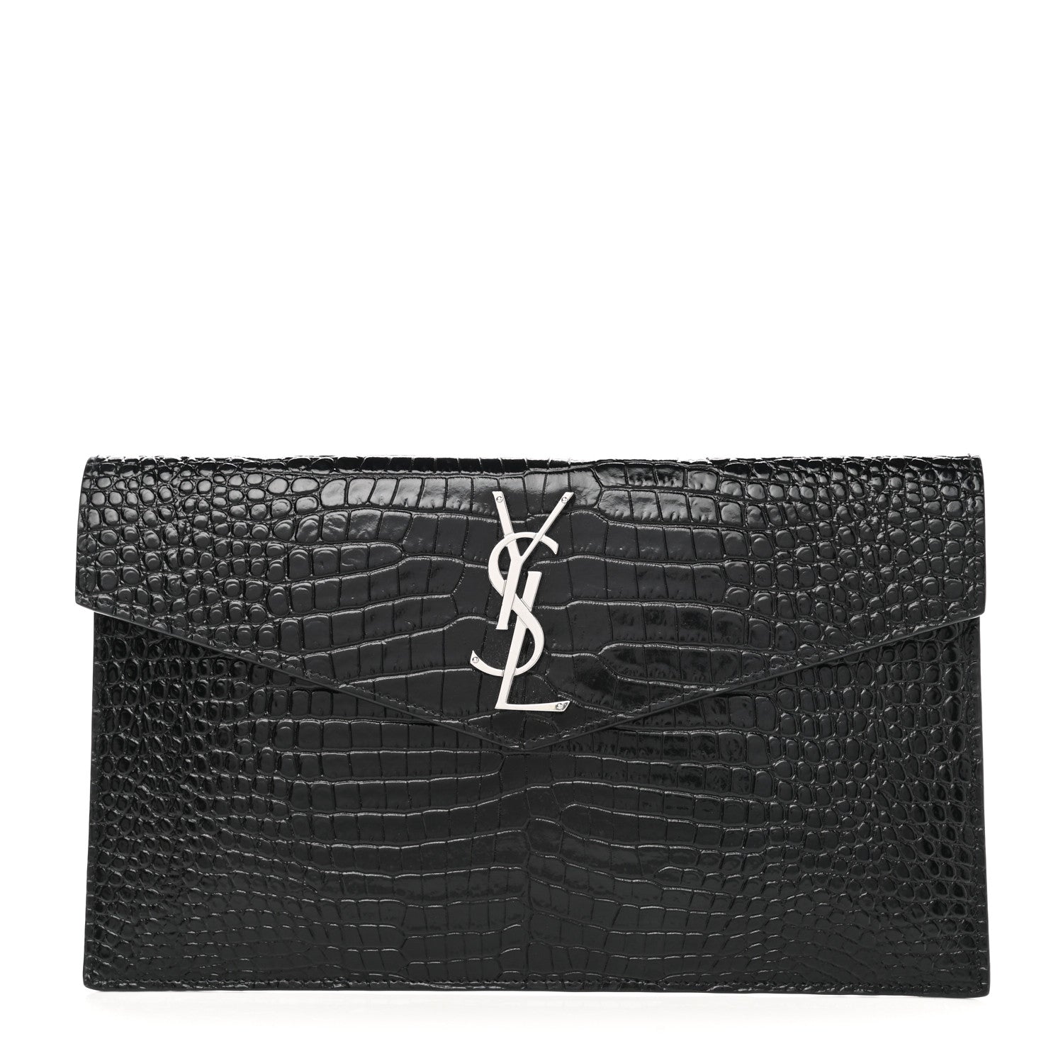 Saint Laurent Calfskin Crocodile Embossed Uptown Monogram Pouch Black 1 of 7