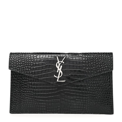 Saint Laurent Calfskin Crocodile Embossed Uptown Monogram Pouch Black 1 of 7