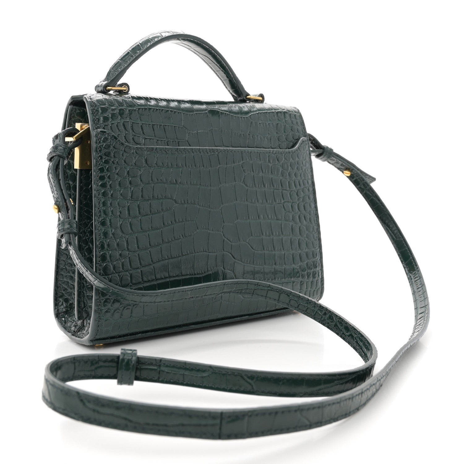 Saint Laurent Calfskin Crocodile Embossed Mini Classic Monogram Cassandra Top Handle Green 3 of 11