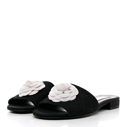 Chanel Grosgrain Quilted Camellia CC Slides 37.5 Black White 3 of 10